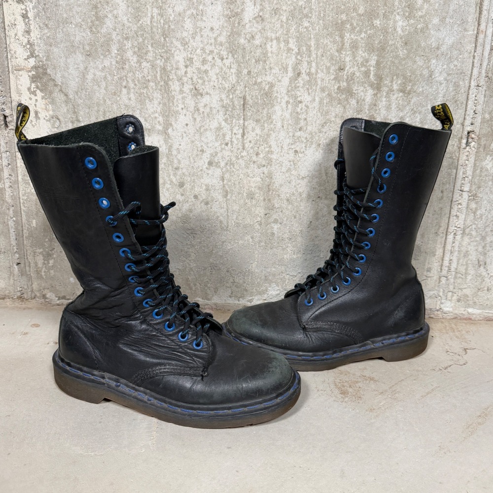 vtg 90s Dr Martens Made in England 1914 Blue Stitch 14 Eye Tall Leather Boots W9